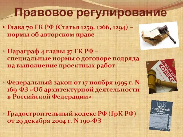 Правовое регулирование Глава 70 ГК РФ (Статья 1259, 1266, 1294) –