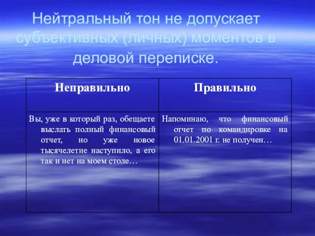 Нейтральный тон не допускает субъективных (личных) моментов в деловой переписке.