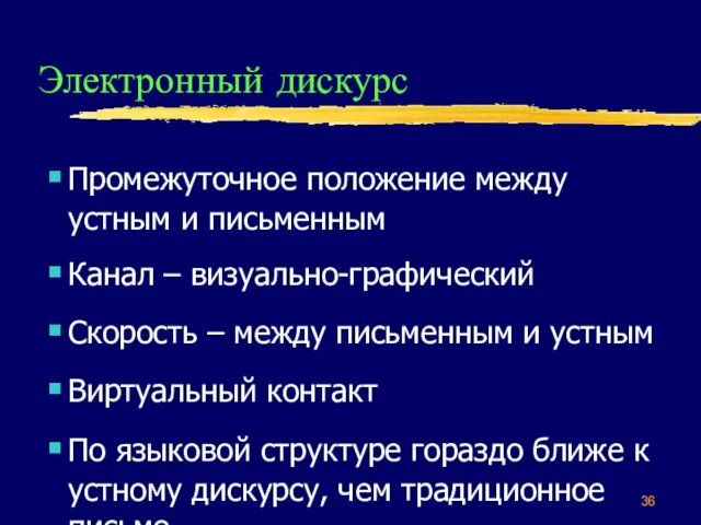 Электронный дискурс Промежуточное положение между устным и письменным Канал – визуально-графический