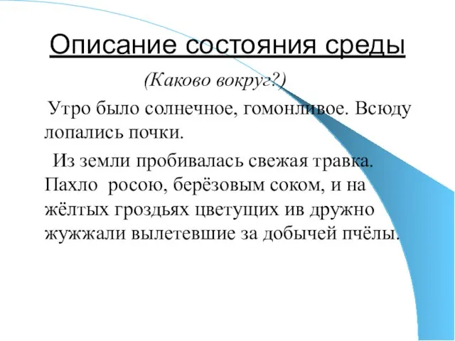 Описание состояния среды (Каково вокруг?) Утро было солнечное, гомонливое. Всюду лопались