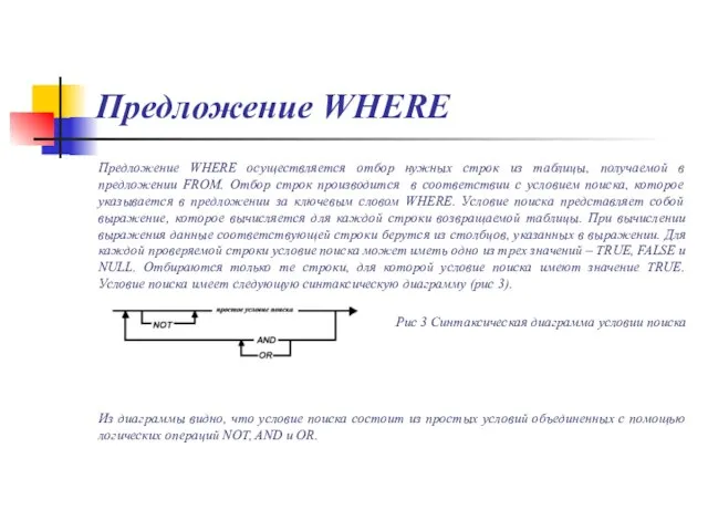 Предложение WHERE Предложение WHERE осуществляется отбор нужных строк из таблицы, получаемой