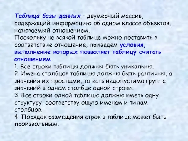 Таблица базы данных – двумерный массив, содержащий информацию об одном классе