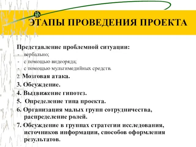 ЭТАПЫ ПРОВЕДЕНИЯ ПРОЕКТА Представление проблемной ситуации: вербально; с помощью видеоряда; с