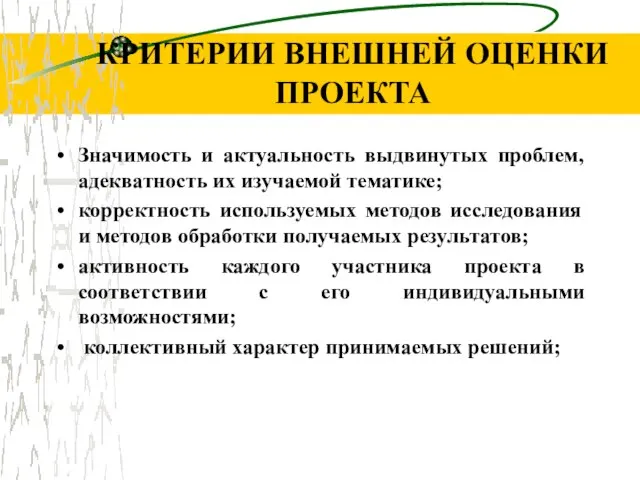 КРИТЕРИИ ВНЕШНЕЙ ОЦЕНКИ ПРОЕКТА Значимость и актуальность выдвинутых проблем, адекватность их