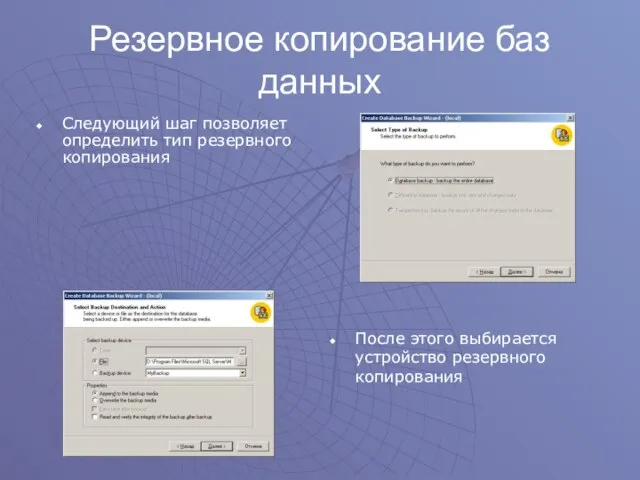 Резервное копирование баз данных Следующий шаг позволяет определить тип резервного копирования