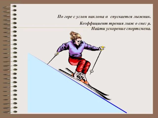 По горе с углом наклона α спускается лыжник. Коэффициент трения лыж