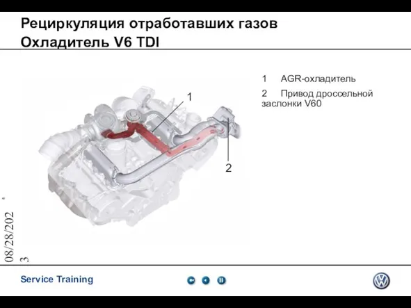 08/28/2023 Рециркуляция отработавших газов Охладитель V6 TDI 1 AGR-охладитель 2 Привод дроссельной заслонки V60 1 2