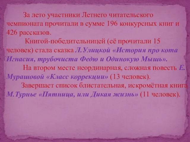 За лето участники Летнего читательского чемпионата прочитали в сумме 196 конкурсных