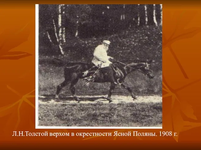 Л.Н.Толстой верхом в окрестности Ясной Поляны. 1908 г.