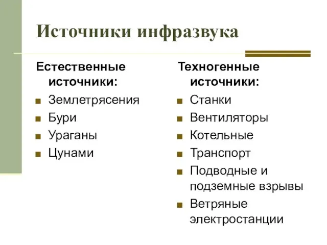 Источники инфразвука Естественные источники: Землетрясения Бури Ураганы Цунами Техногенные источники: Станки