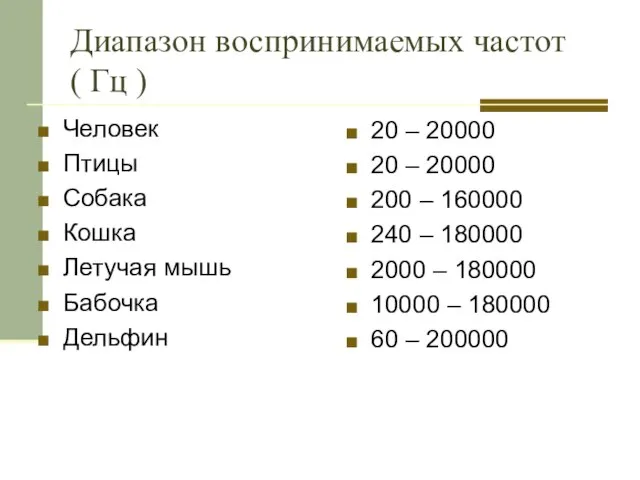 Диапазон воспринимаемых частот ( Гц ) Человек Птицы Собака Кошка Летучая