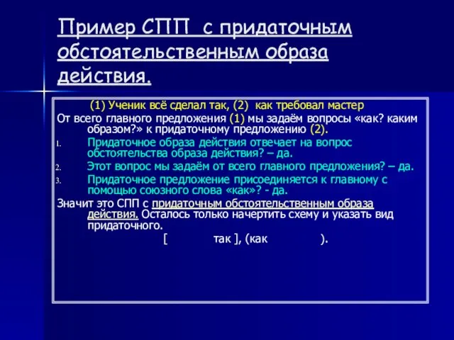 Пример СПП с придаточным обстоятельственным образа действия. (1) Ученик всё сделал