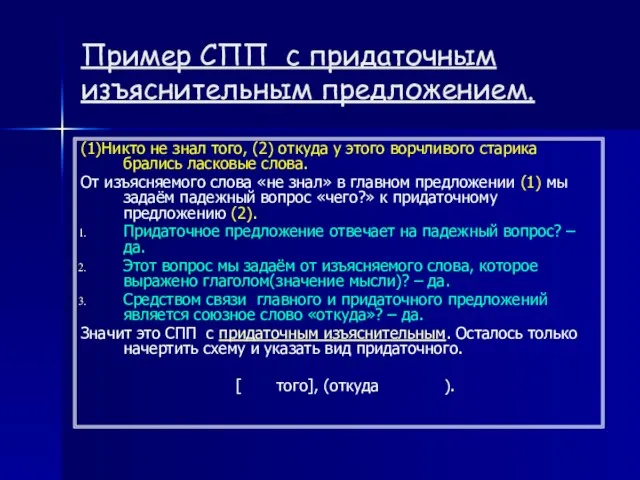 Пример СПП с придаточным изъяснительным предложением. (1)Никто не знал того, (2)