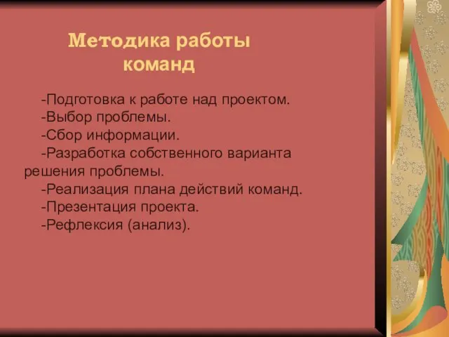 Методика работы команд -Подготовка к работе над проектом. -Выбор проблемы. -Сбор