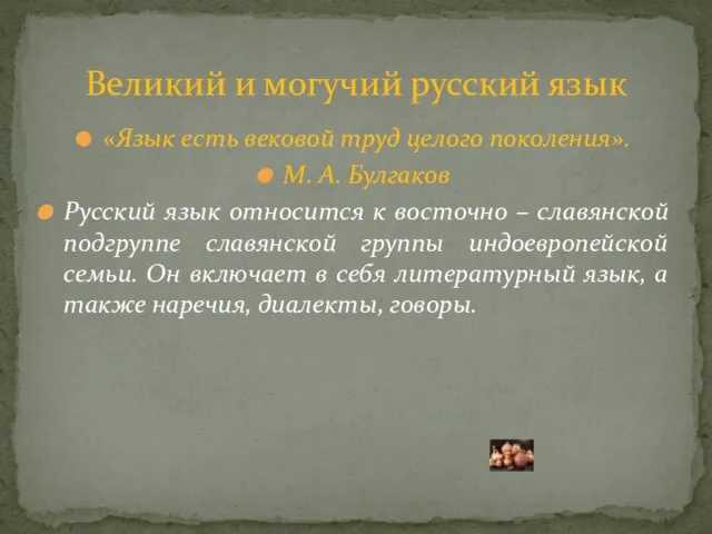 «Язык есть вековой труд целого поколения». М. А. Булгаков Русский язык