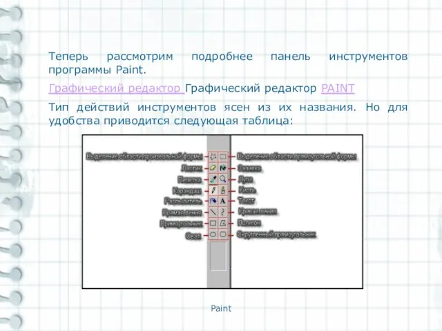 Paint Теперь рассмотрим подробнее панель инструментов программы Paint. Графический редактор Графический