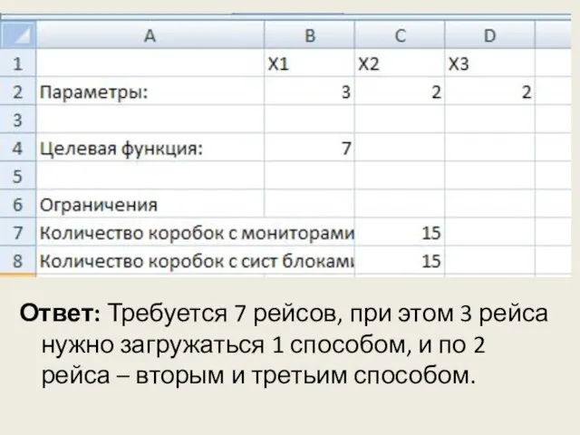 Ответ: Требуется 7 рейсов, при этом 3 рейса нужно загружаться 1