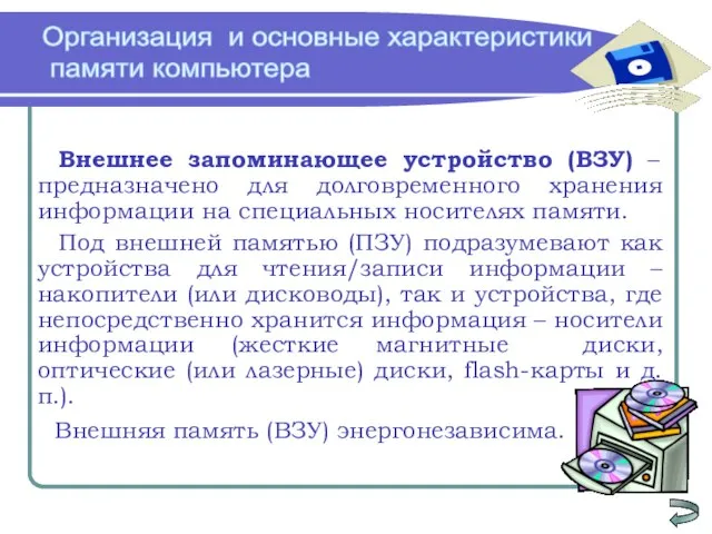 Организация и основные характеристики памяти компьютера Внешнее запоминающее устройство (ВЗУ) –