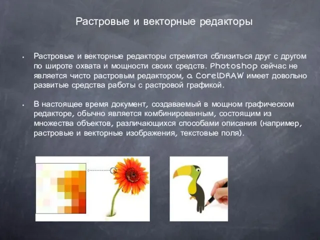 Растровые и векторные редакторы Растровые и векторные редакторы стремятся сблизиться друг