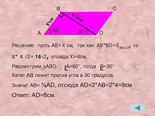 Решение: пусть AB=X см, так как AB*BD=SABCD, то X* 4 √2=