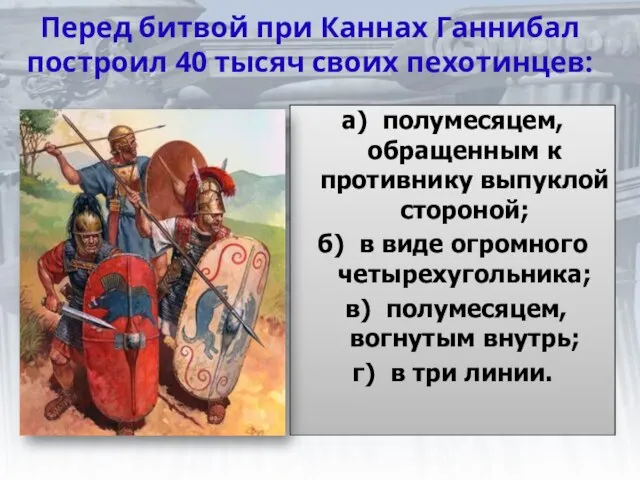 Перед битвой при Каннах Ганнибал построил 40 тысяч своих пехотинцев: а)