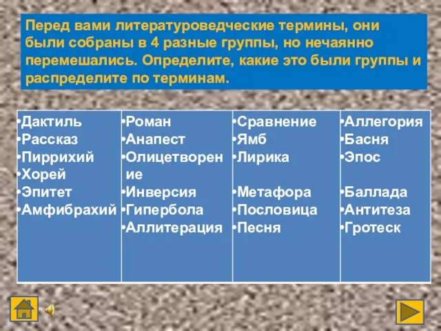 Перед вами литературоведческие термины, они были собраны в 4 разные группы,