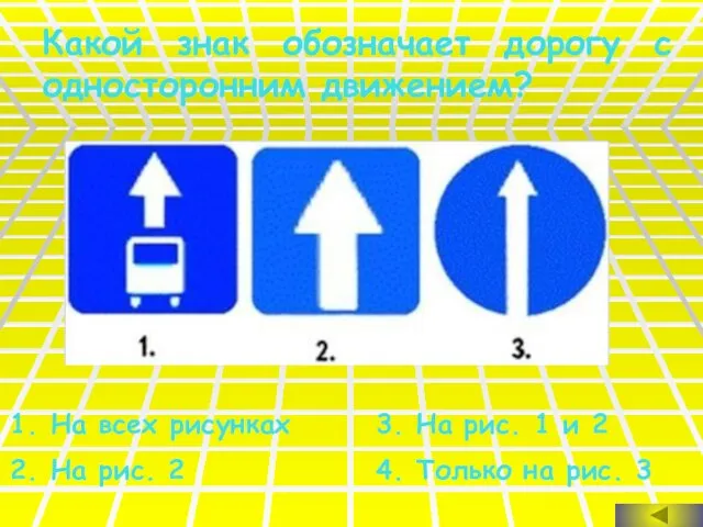 Какой знак обозначает дорогу с односторонним движением? На всех рисунках На