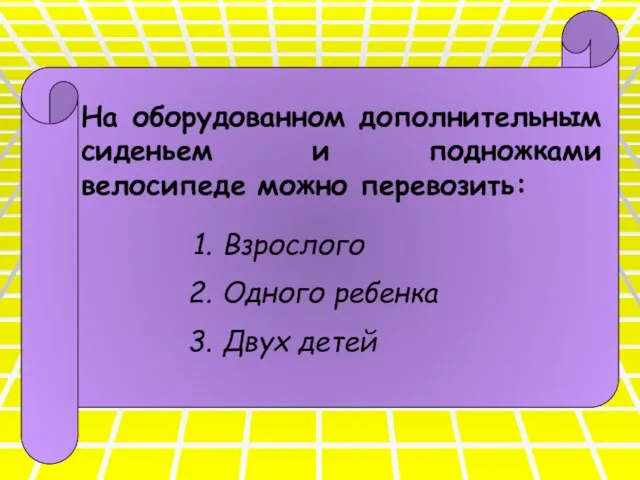 На оборудованном дополнительным сиденьем и подножками велосипеде можно перевозить: Взрослого Одного ребенка Двух детей