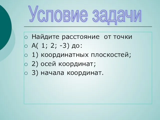 Найдите расстояние от точки А( 1; 2; -3) до: 1) координатных