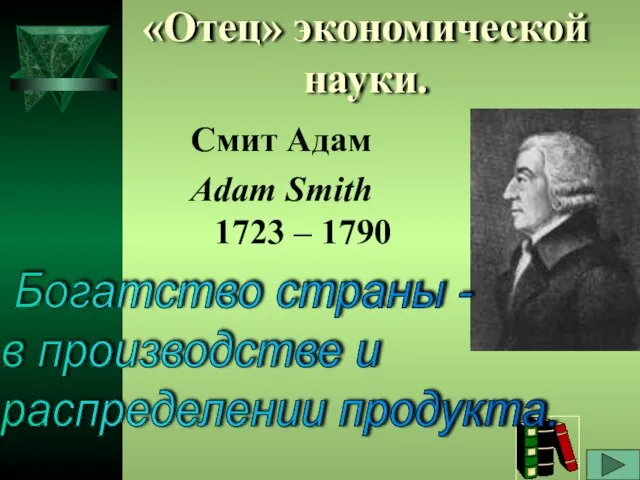 «Отец» экономической науки. Смит Адам Adam Smith 1723 – 1790 Богатство