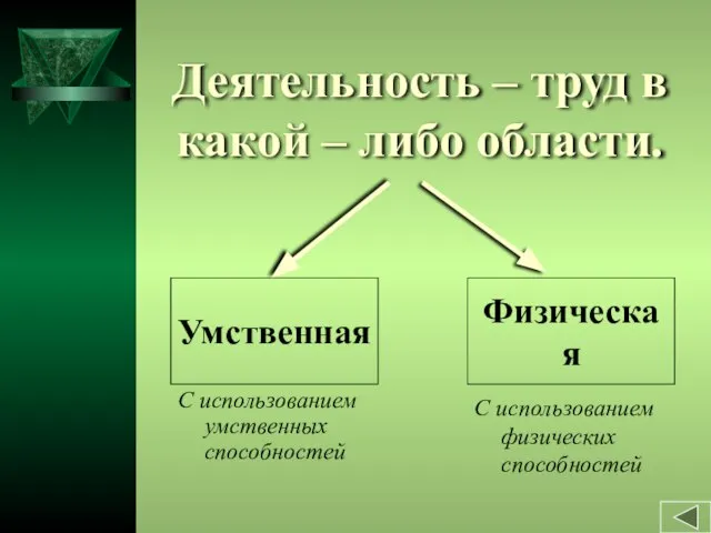 Деятельность – труд в какой – либо области. С использованием умственных