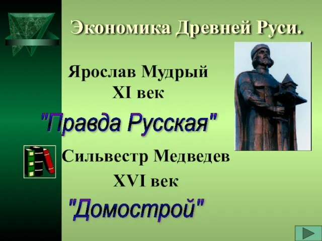 Экономика Древней Руси. Ярослав Мудрый ХI век Сильвестр Медведев ХVI век "Правда Русская" "Домострой"