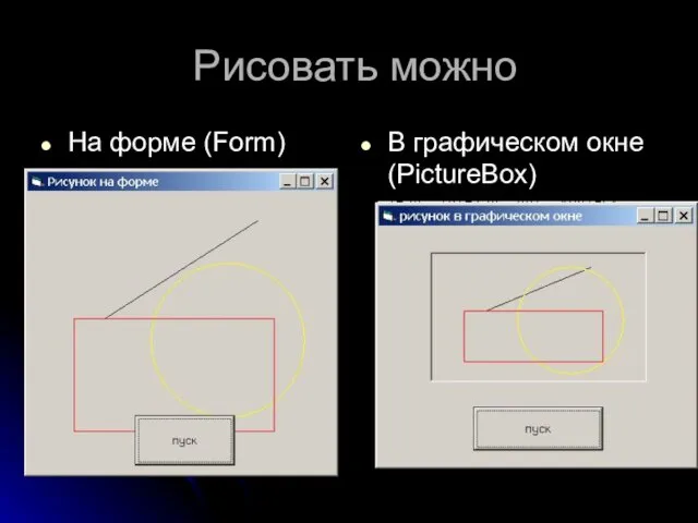 Рисовать можно На форме (Form) В графическом окне (PictureBox)