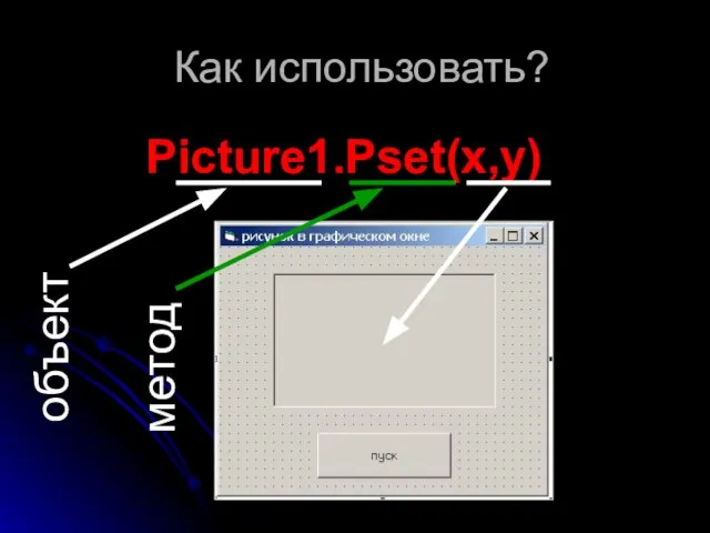 Как использовать? Picture1.Pset(x,y) объект метод