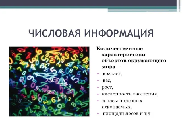 ЧИСЛОВАЯ ИНФОРМАЦИЯ Количественные характеристики объектов окружающего мира – возраст, вес, рост,