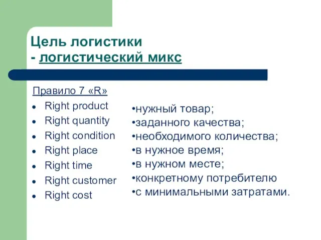 Цель логистики - логистический микс Правило 7 «R» Right product Right