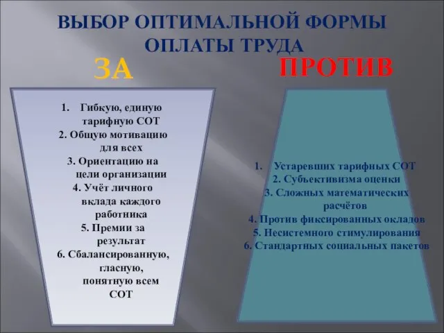 ВЫБОР ОПТИМАЛЬНОЙ ФОРМЫ ОПЛАТЫ ТРУДА ЗА ПРОТИВ Гибкую, единую тарифную СОТ