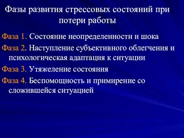 Фазы развития стрессовых состояний при потери работы Фаза 1. Состояние неопределенности