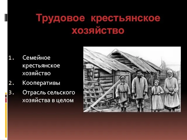 Трудовое крестьянское хозяйство Семейное крестьянское хозяйство Кооперативы Отрасль сельского хозяйства в целом