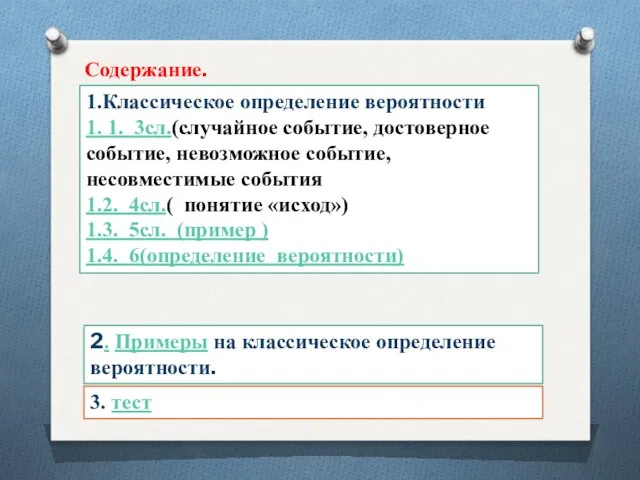 1.Классическое определение вероятности 1. 1. 3сл.(случайное событие, достоверное событие, невозможное событие,