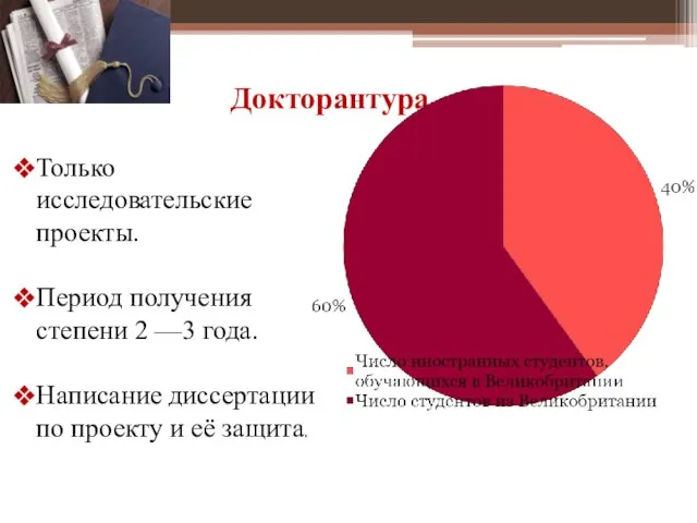 Докторантура Только исследовательские проекты. Период получения степени 2 —3 года. Написание