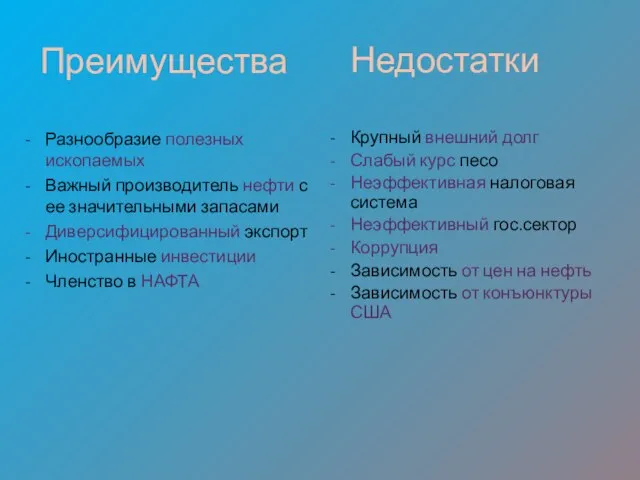 Преимущества Разнообразие полезных ископаемых Важный производитель нефти с ее значительными запасами