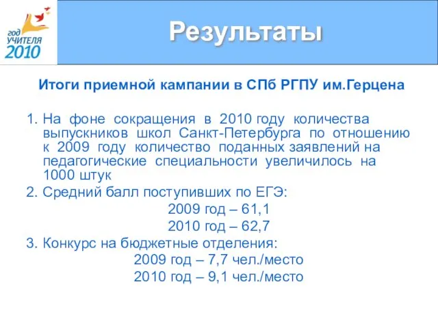 Результаты Итоги приемной кампании в СПб РГПУ им.Герцена 1. На фоне