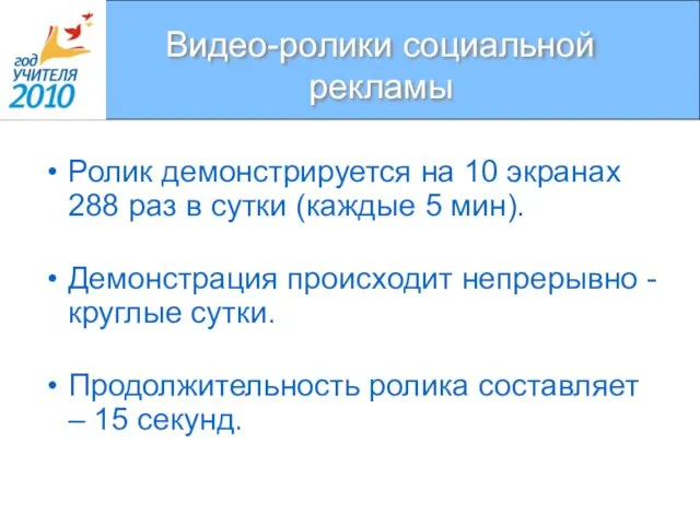 Видео-ролики социальной рекламы Ролик демонстрируется на 10 экранах 288 раз в