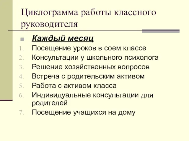 Циклограмма работы классного руководителя Каждый месяц Посещение уроков в соем классе