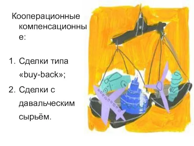 Кооперационные компенсационные: Сделки типа «buy-back»; Сделки с давальческим сырьём.