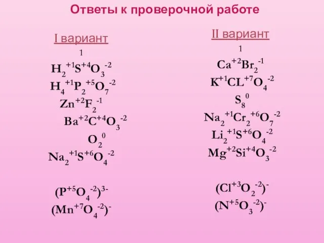 Ответы к проверочной работе I вариант 1 H2+1S+4O3-2 H4+1P2+5O7-2 Zn+2F2-1 Ba+2C+4O3-2