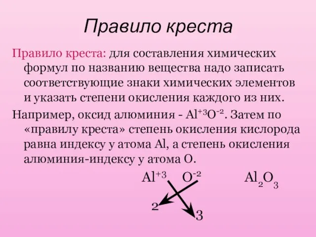 Правило креста Правило креста: для составления химических формул по названию вещества