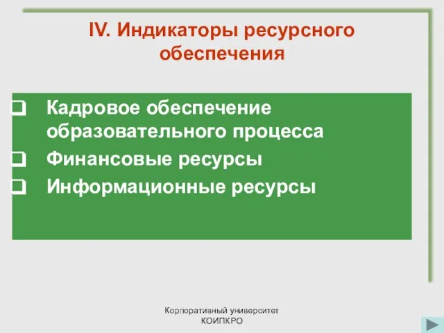 Корпоративный университет КОИПКРО IV. Индикаторы ресурсного обеспечения Кадровое обеспечение образовательного процесса Финансовые ресурсы Информационные ресурсы