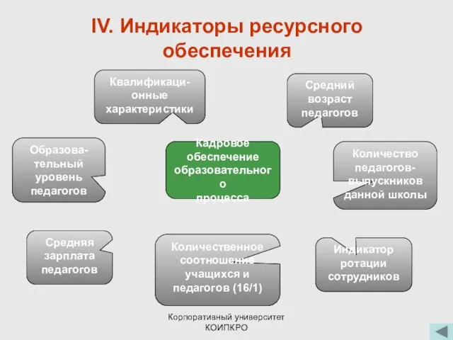 Корпоративный университет КОИПКРО IV. Индикаторы ресурсного обеспечения Кадровое обеспечение образовательного процесса